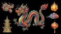 Colorful Asian dragon with serpentine body, ornate pagoda, dragon heads, fire flames, and decorative lanterns isolated on transparent background. Ready for t-shirts, clipart, stickers, and print-on-demand designs.