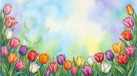 Watercolor tulip border frame with colorful spring flowers on soft pastel background, copy space for text, greeting card or banner design.