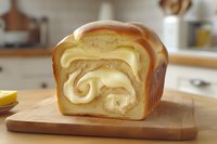 Sliced loaf of brioche bread with swirled custard cream filling on wooden board in modern kitchen setting for bakery and food styling projects.