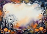 Halloween frame with pumpkins, bare trees, bats and ornate borders on watercolor background for autumn seasonal designs and spooky decorations.