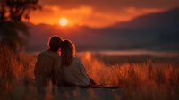 Romantic couple sitting together watching golden sunset over mountain lake, silhouetted against warm orange sky, peaceful evening moment in nature.