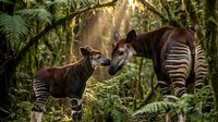 Okapi mother and calf in dense tropical rainforest with sunbeams filtering through lush green vegetation and ferns creating magical wildlife scene.