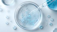 Laboratory pipette dropping blue liquid into petri dish with scattered spherical particles on white surface, scientific research concept in clean environment.