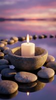 Zen meditation candle burning in stone bowl surrounded by smooth pebbles on calm water surface during peaceful sunset with purple and pink sky reflections.