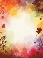 Autumn watercolor background with falling maple leaves and tree branches in warm orange yellow red colors for seasonal greeting cards and decorations.