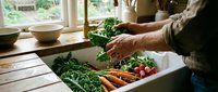Senior man washing fresh organic vegetables in kitchen sink with natural light streaming through window creating healthy cooking preparation scene.