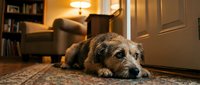 Sad terrier dog lying on carpet in warm home interior with furniture and lamp, expressing loneliness or waiting for owner.