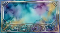 Watercolor abstract background with flowing teal, purple, and gold hues, featuring ornate decorative border frame with botanical and swirl elements for artistic design projects.