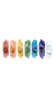 Seven chakra stones arranged in rainbow spectrum with watercolor wash strokes on white background, isolated for wellness and spiritual design projects.