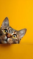 Curious tabby cat peeking over edge with wide yellow eyes on bright orange background for pet care advertising and social media content.