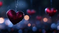 Glittering red heart ornament with water drops against blurred bokeh background creates romantic Valentine's Day or holiday atmosphere.