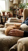Senior adult male petting ginger cat on cream armchair in cozy home library with books, potted plants, and warm natural light from window.