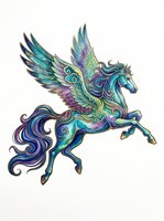 Ornate flying horse with teal, purple, and gold swirling details, isolated on transparent background. Great for t-shirts, stickers, sublimation, and print on demand.