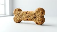 Whole grain dog treat bone-shaped biscuit with visible oats and seeds on white surface, suitable for pet nutrition and veterinary content.