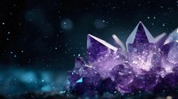 Mystical purple amethyst crystal formation against dark starry night sky background with glowing bokeh lights creates magical atmospheric scene.