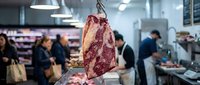 Young male butcher with South Asian appearance displaying raw beef cut in modern meat market with customers shopping in background, professional food retail environment.