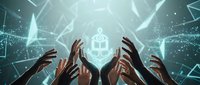Diverse hands reaching toward glowing gift box symbol in futuristic digital environment with network connections and bright lighting effects.
