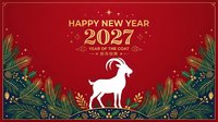 Happy New Year 2027 greeting card with white goat silhouette, gold text, and festive botanical elements on red background. Year of the Goat celebration design.