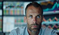 Mature businessman with gray beard and intense blue eyes analyzing financial market data on digital screens, focused on stock trading and investment analysis.