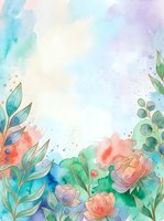 Soft watercolor floral background with pastel pink peonies, teal leaves, and gold outlines on a dreamy multicolor wash with copy space.