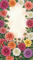 Watercolor dahlia floral frame with colorful blooms in pink, orange, purple, and white surrounding a soft pastel center for text or design.