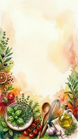 Watercolor culinary frame with fresh herbs, vegetables, olive oil and wooden utensils on textured background for cooking recipes and food design projects.