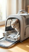 Gray tabby cat with amber eyes sitting inside open pet carrier backpack with mesh window, positioned on wooden floor near bright window with neutral curtains in background.