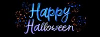 Glowing neon blue and purple Happy Halloween text with swirling decorative elements on black background, creating spooky festive holiday lettering.
