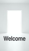 Open white door glowing with bright light in a minimal room with Welcome text, symbolizing new opportunities and fresh starts.