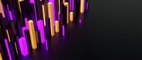 Neon glowing vertical bars in purple and gold create a modern, abstract background with depth and dynamic lighting effects for digital design projects.