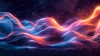 Vibrant cosmic waves blend orange and blue colors in space, creating dynamic flowing energy streams against starry dark background with glowing particles and light effects.