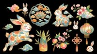 Festive lunar new year rabbit clipart set with lanterns, flowers, and clouds, isolated on transparent background. Great for stickers, T-shirts, and print on demand.