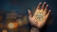Emergency coordination network symbol glowing in open palm of adult male hand against dark blue background with bokeh lights, representing crisis management and disaster response systems.