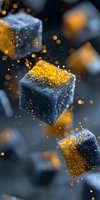 Dark stone cubes with golden glitter dust floating in space against black background, creating luxurious abstract composition for jewelry ads.
