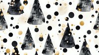 Watercolor black Christmas trees with gold and black polka dots on white background create modern festive pattern. Seamless repeat design for holiday decor.