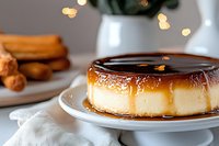 Creamy cheesecake with glossy caramel sauce dripping down sides on white cake stand, cinnamon sticks and warm bokeh lights creating cozy dessert atmosphere.