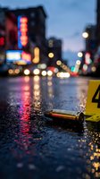 Crime scene evidence bullet casing on wet city street at night with police marker and blurred urban lights background for forensic investigation concepts.