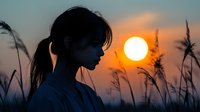 Young Asian woman silhouette against orange sunset sky with tall grass reeds swaying in evening breeze, side profile portrait capturing serene peaceful moment.
