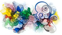 Abstract watercolor composition with vibrant swirls and organic shapes in rainbow colors creating dynamic flowing movement for creative design projects.