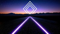Futuristic neon road leading to mountains under starry twilight sky with geometric diamond shape glowing above asphalt highway in synthwave retro style landscape.