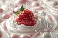 Fresh ripe strawberry falling into creamy white milk splash with droplets creating dynamic motion effect against soft pink background, food photography.