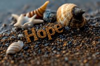 Seashells scattered on sandy beach with word HOPE spelled in golden letters, inspiring message of optimism and faith for motivational content.