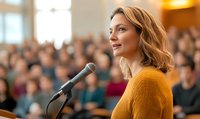 Confident young Caucasian woman in yellow sweater speaking at microphone during conference presentation, with blurred audience in background. Professional public speaking.