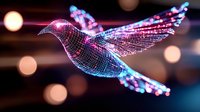 Glowing wireframe hummingbird with pink and blue neon lights against dark background with bokeh effect, digital art style modern technology concept.