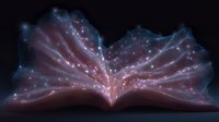 Magical open book with glowing pages emitting cosmic light rays and sparkling stars against dark background, creating mystical reading atmosphere.