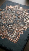 Intricate mandala design engraved on dark slate stone with copper metallic finish creating ornate decorative pattern for meditation and spiritual decor.