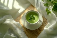 Green cream soup garnished with parsley leaf in white porcelain cup on bamboo mat, soft natural window light casting shadows, minimalist food styling.