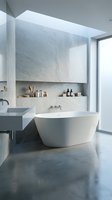 Minimalist luxury bathroom with freestanding white bathtub, marble stone walls, concrete floor, and natural light from large windows.