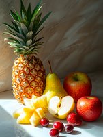Fresh tropical and seasonal fruits composition with pineapple, red apples, yellow pear and cherries in natural sunlight on white surface against neutral background.