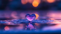 Water drop forming heart shape on reflective surface with purple and orange bokeh lights creating romantic atmosphere. Macro photography captures liquid surface tension.
